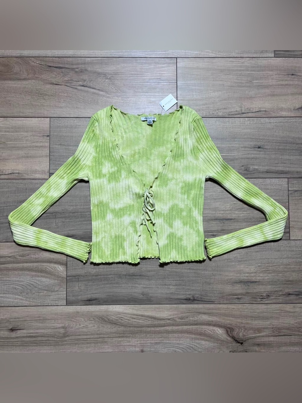 American Eagle Womens Tie Front Tie Dye Long Sleeve Ribbed Top Size Medium Green